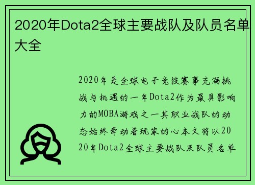 2020年Dota2全球主要战队及队员名单大全